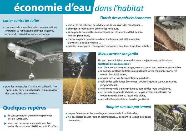 &eacute;conomie d'eau dans l'habitat Choisir des mat&eacute;riels &eacute;conomes Lutter contre les fuites poursuivre la surveillance des consommations entretenir sa robinetterie, changer les joints acheter du mat&eacute;riel robuste et &eacute;conome utiliser le cas &eacute;ch&eacute;ant, des r&eacute;ducteurs de pression, des mousseurs..... changer sa robinetterie, pr&eacute;f&eacute;rer les mitigeurs, s'&eacute;quiper de douchettes &eacute;conomiques qui r&eacute;duisent le d&eacute;bit de 25 &agrave; 10 litres par minute, mettre en place des chasses d'eau &agrave; volume r&eacute;duit (6 litres au lieu de 9 litres, &agrave; double-vitesse.... acheter des appareils m&eacute;nagers &eacute;conomes en eau (lave-linge, lave-vaiselle). Mieux arroser son jardin Un peu de savoir faire permet d'arroser son jardin avec moins d'eau. Quelques astuces &agrave; retenir: un binage vaut deux arrosages, y consacrer un peu de temps est rentable. le paillage prot&egrave;ge du froid, mais aussi des fortes chaleurs et conserve mieux l'humidit&eacute; du sol arroser tard le soit, l'&eacute;vaporation sera r&eacute;duite, utiliser des techniques &eacute;conomes: goutte-&agrave;-goutte, tuyaux suintants, programateurs... tenir compte de la pluie pr&eacute;vue ou tomb&eacute;e les jours pr&eacute;c&eacute;dents, en p&eacute;riode de grande s&eacute;cheresse, ne pas arroser les pelouses qui reverdiront tr&egrave;s bien au retour des pluies, recueille l'eau de pluie au bas des goutti&egrave;res. Adapter son comportement ne pas faire tourner les lave-linge et lave-vaiselle &agrave; moiti&eacute; vides, ne pas laisser couler l'eau en permanence... pendant le lavage des dents. des mains.... pour les immeubles d'habitation collectifs, faire appel &agrave; des soci&eacute;t&eacute;s sp&eacute;cialis&eacute;es qui proposent des contrats de g&eacute;rance d'eau. Quelques rep&eacute;res la consommation de r&eacute;f&eacute;rence par foyer est de 120 m&sup3;/an. mais une personne seule en immeuble collectif consomme 140 l/jour, soit 50 m&sup3;/an.