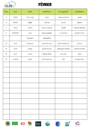 Menu Cantine F&eacute;vrier 2026