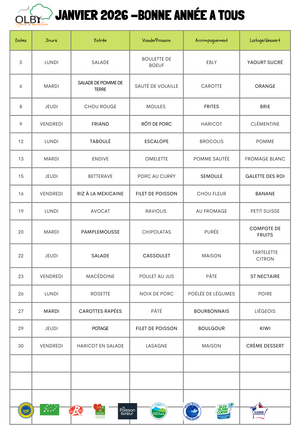 Menu Cantine Janvier 2026