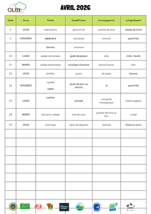 Menu Cantine Avril 2026